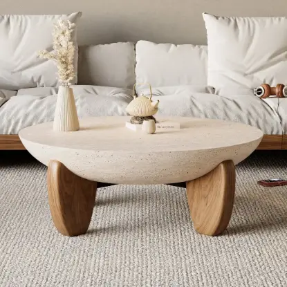 Picture of Curva 30" Round Concrete-Look Fiberglass Coffee Table with Wood Legs – Beige – Walnut – 95cm