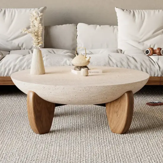 Curva 30" Round Concrete-Look Fiberglass Coffee Table with Wood Legs – Beige – Walnut – 95cm