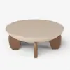Curva 30" Round Concrete-Look Fiberglass Coffee Table with Wood Legs – Beige – Walnut – 95cm