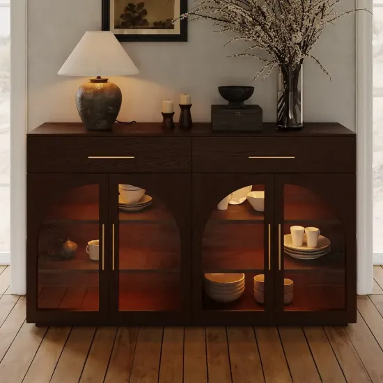 Arune 63" Walnut Wood Sideboard with Storage & Light