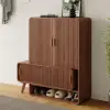 37" Ash Wood Veneer Fluted Shoe Storage Entryway Cabinet, Left Hand