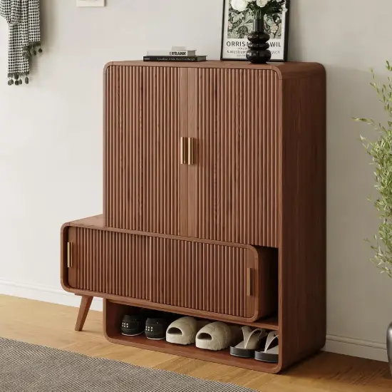 37" Ash Wood Veneer Fluted Shoe Storage Entryway Cabinet, Left Hand