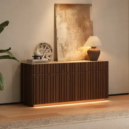 Picture of Aura 65" Ash Wood Slatted Walnut TV Stand with Sintered Stone Top