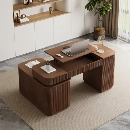 Velign 65" L-Shape Walnut Executive Desk with Drawers & Cabinet Right Hand