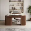 Velign 65" L-Shape Walnut Executive Desk with Drawers & Cabinet Right Hand