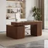 Velign 65" L-Shape Walnut Executive Desk with Drawers & Cabinet Right Hand