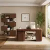 Velign 65" L-Shape Walnut Executive Desk with Drawers & Cabinet Right Hand