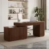 Velign 65" L-Shape Walnut Executive Desk with Drawers & Cabinet Right Hand