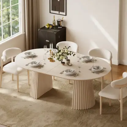 Picture of Modern 47"-79" Extendable Whitewash Wood Dining Table with Fluted Base, Seats 4-6