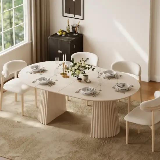 Modern 47"-79" Extendable Whitewash Wood Dining Table with Fluted Base, Seats 4-6
