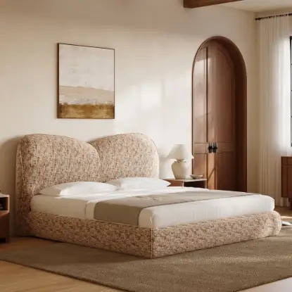 Picture of Modern Queen Size Chenille Upholstered Bed with Butterfly Shaped Headboard