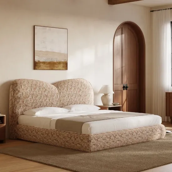 Modern Queen Size Chenille Upholstered Bed with Butterfly Shaped Headboard