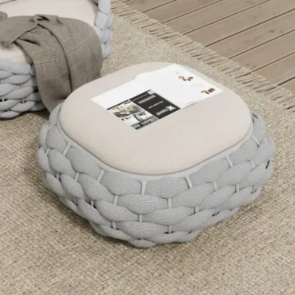 Cocaro Outdoor Hand-Woven Rope Footrest Storage Ottoman in Light Grey
