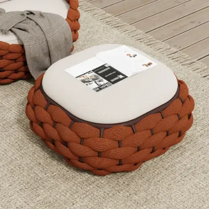 Cocaro Outdoor Hand-Woven Rope Footrest Storage Ottoman in Orange