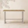 Tevara Outdoor Teak Wood Slat Top & Sand Aluminium Frame Bar Table for Patio