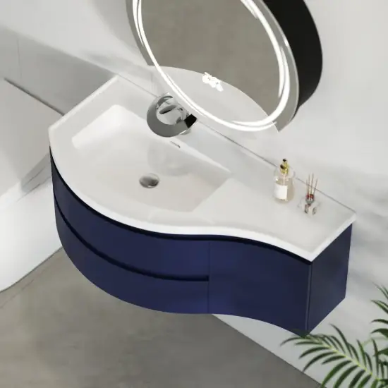 Picture of 35" Navy Floating Single Curved Bathroom Vanity with Sink & Storage