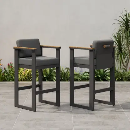 Tevara Outdoor Aluminium Frame & Teak Wood Armrest Bar Stools in Dark Grey, Set of 2