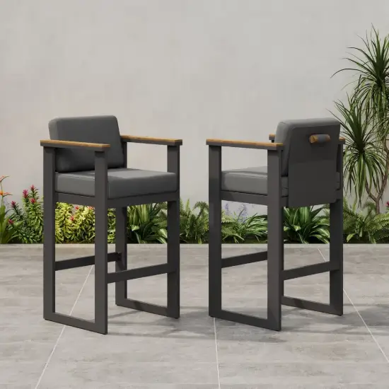 Tevara Outdoor Aluminium Frame & Teak Wood Armrest Bar Stools in Dark Grey, Set of 2