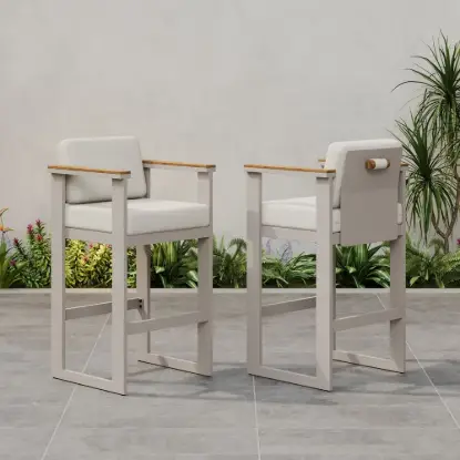 Tevara Outdoor Aluminium Frame & Teak Wood Armrest Bar Stools in Sand, Set of 2