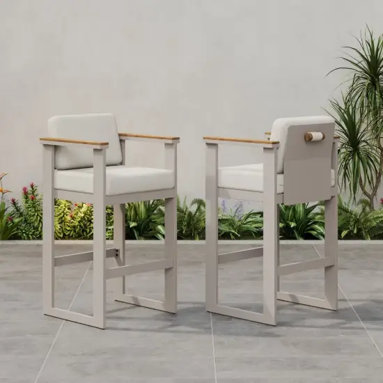 Tevara Outdoor Aluminium Frame & Teak Wood Armrest Bar Stools in Sand, Set of 2