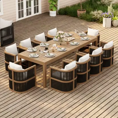Wevara 11-Piece Outdoor Rope Weave Dining Set with 10 Chairs in Walnut