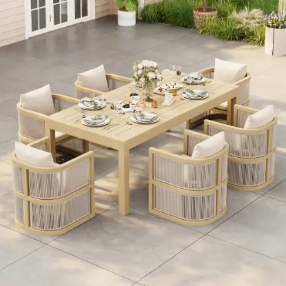 Wevara 7-Piece Outdoor Rope Weave Dining Set with 6 Chairs in Natural