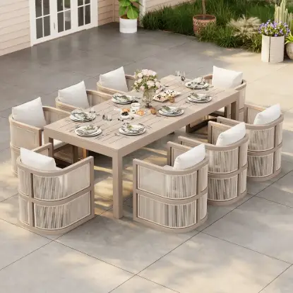 Wevara 9-Piece Outdoor Rope Weave Dining Set with 8 Chairs in Sand