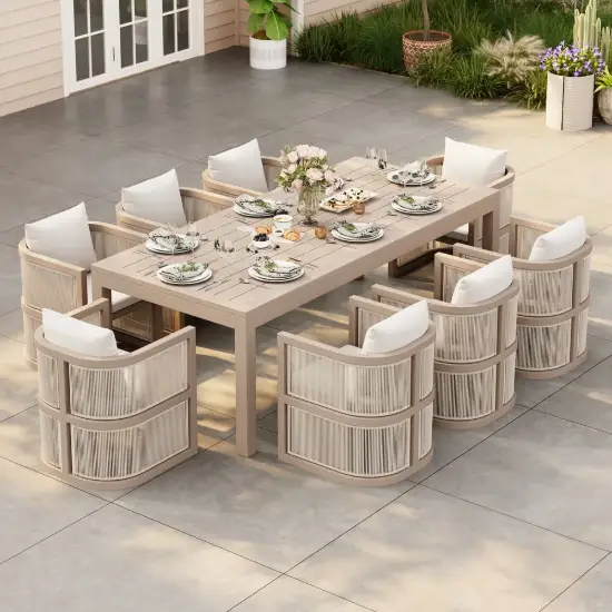 Wevara 9-Piece Outdoor Rope Weave Dining Set with 8 Chairs in Sand