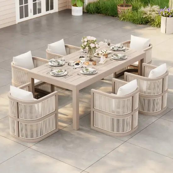 Wevara 7-Piece Outdoor Rope Weave Dining Set with 6 Chairs in Sand
