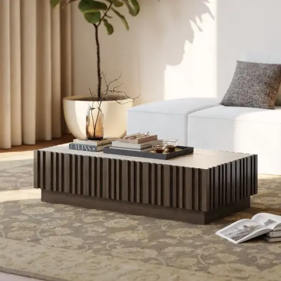 Aura 47" Ash Wood Slatted Coffee Table with Sintered Stone Top – Smoked Brown