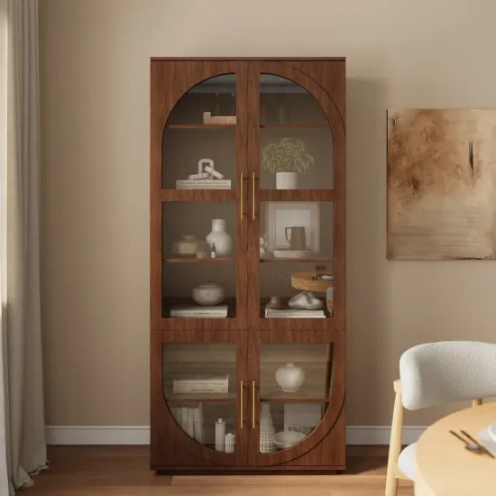 Arune Glass Tall Display Cabinet with Drawers & LED Light