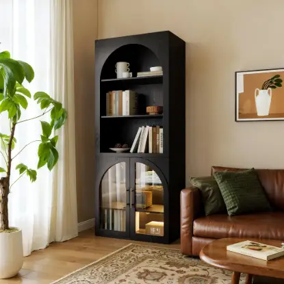 Arune Black Chest Bookcase with Storage Cabinet & LED Light