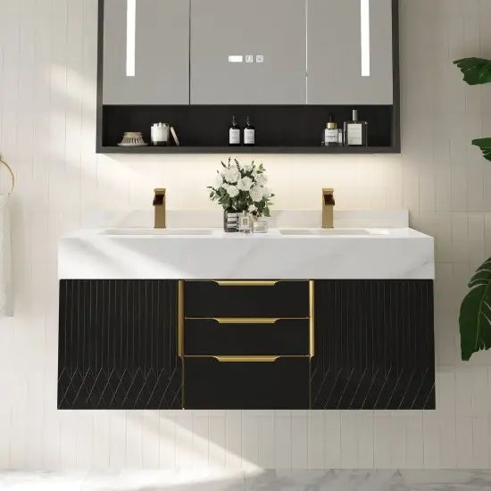 Aro 47" Floating Double Bathroom Vanity with Sink, Sintered Stone Top