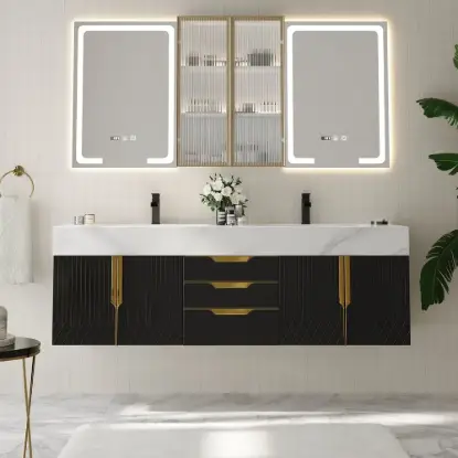 59" Double Sink Floating Vanity Set with LED Medicine Cabinet with Storage
