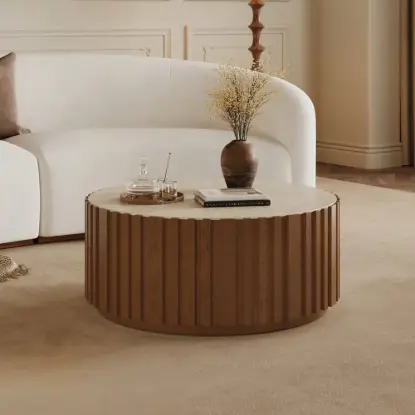 Picture of Aura 35" Ash Wood Slatted Round Coffee Table with Sintered Stone Top – Walnut
