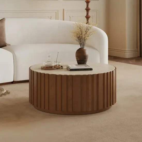Aura 35" Ash Wood Slatted Round Coffee Table with Sintered Stone Top – Walnut