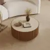 Aura 35" Ash Wood Slatted Round Coffee Table with Sintered Stone Top – Walnut