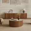 Aura 35" Ash Wood Slatted Round Coffee Table with Sintered Stone Top – Walnut