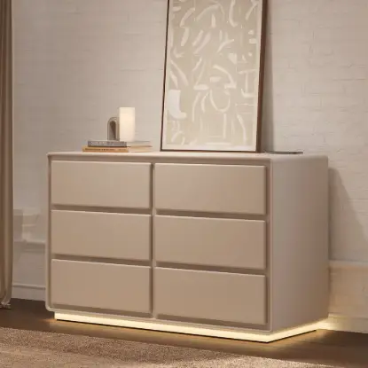 Haloa Modern 47" 6-Drawer Matte Warm White Chest of Drawers with Light and Charging Station