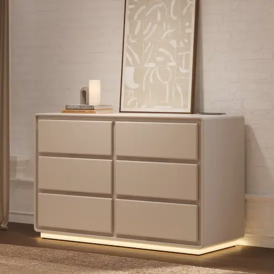Picture of Haloa Modern 47" 6-Drawer Matte Warm White Chest of Drawers with Light and Charging Station