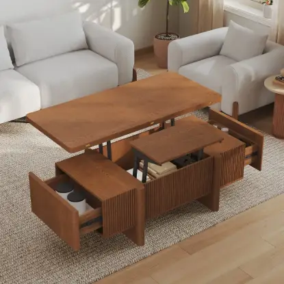 Picture of Lineva 47" Fluted Lift-Top Walnut Coffee Table with 2 Drawers
