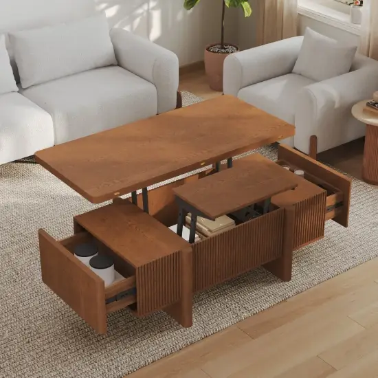 Picture of Lineva 47" Fluted Lift-Top Walnut Coffee Table with 2 Drawers