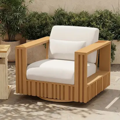 Flutera Modern Outdoor Sculptural Fluted 360-Degree Swivel Accent Chair in Natural