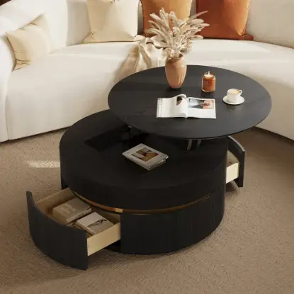 Picture of 32" Fluted Lift-Top Round Coffee Table with 2 Drawers – Black