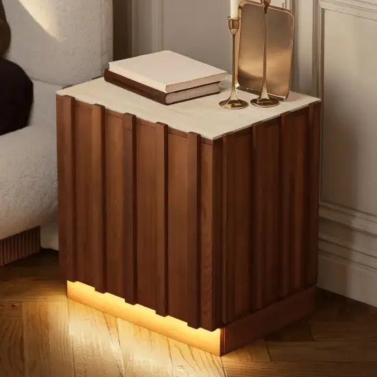 Aura Walnut Ash Wood LED Nightstand with Charging Station, Set of 2