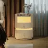 Modern White Saddle Leather LED Bedside Table with Wireless Charging, Set of 2