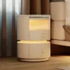 Modern White Saddle Leather LED Bedside Table with Wireless Charging, Set of 2