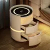 Modern White Saddle Leather LED Bedside Table with Wireless Charging, Set of 2