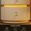 Modern White Saddle Leather LED Bedside Table with Wireless Charging, Set of 2