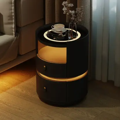 Picture of Modern Black Saddle Leather LED Nightstand with Wireless Charging, Set of 2